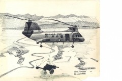CH-46 carrying 105mm howitzer (pen and ink sketch, 26 Jul 1966