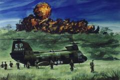 CH-46 unloading troops in paddy with napalm in background (watercolor, 15 Nov 1966)