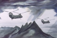 Two CH-46s above jagged mountain peaks (charcoal, 9 Oct 1966)