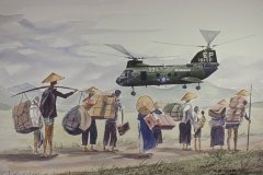 CH-46 flying low near civilians on road (watercolor, 15 Nov 1966)