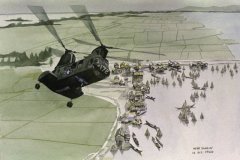 CH-46 in hard turn above boats (watercolor, 24 Oct 1966)