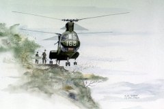 CH-46 holding single-wheel touchdown to load/unload (watercolor, 4 Dec 1966)