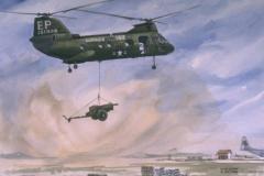 CH-46 delivering 105 mm howitzer near runway (watercolor, 4 Dec 1966)