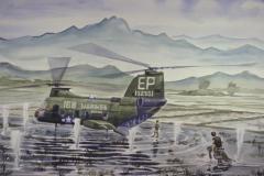 CH-46 in rice paddy loading wounded with bullet splashes all around
