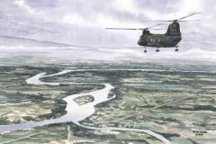 CH-46 high above Perfume River heading home to Marble Mountain (watercolor, 1986)