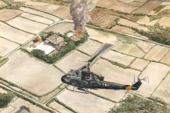 Huey in banked turn above burning house (watercolor)