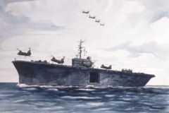 CH-46s lifting from USS Okinawa (LPH-3) with flight of four overhead (watercolor, 1966)
